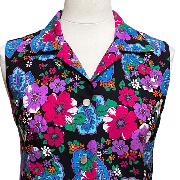 Vtg 70's JCPenney Hawaiian Tropical Groovy Button Up Floral Sleeveless Top Med - Picture 2 of 5